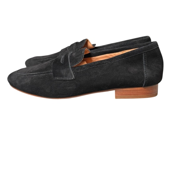 Quince Black Italian Suede Penny Loafer Size 7 EUC Stacked Wood Heel Like New - Picture 1 of 11